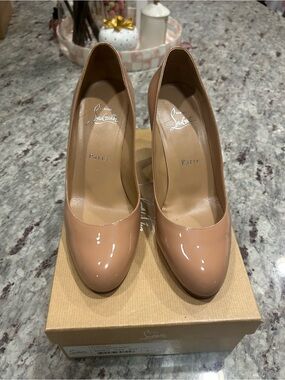Christian Louboutin Pumpie 85 Nude Patent Leather Pumps (3.3” heel)